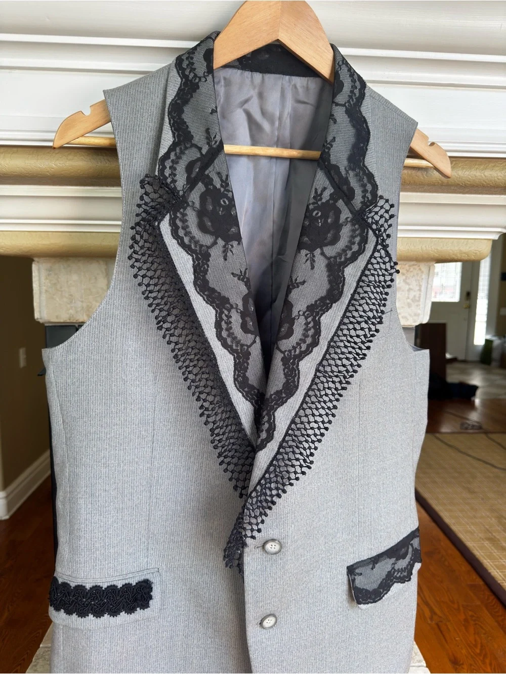 Vintage YSL Made in France Grey Wool Lace Trim Tailored Vest